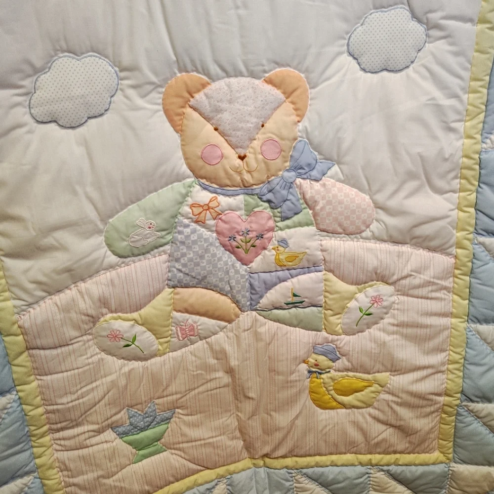 House Of Hatten Vintage Pastel Patchwork Teddy Bear Crib Quilt & Wall Hanging